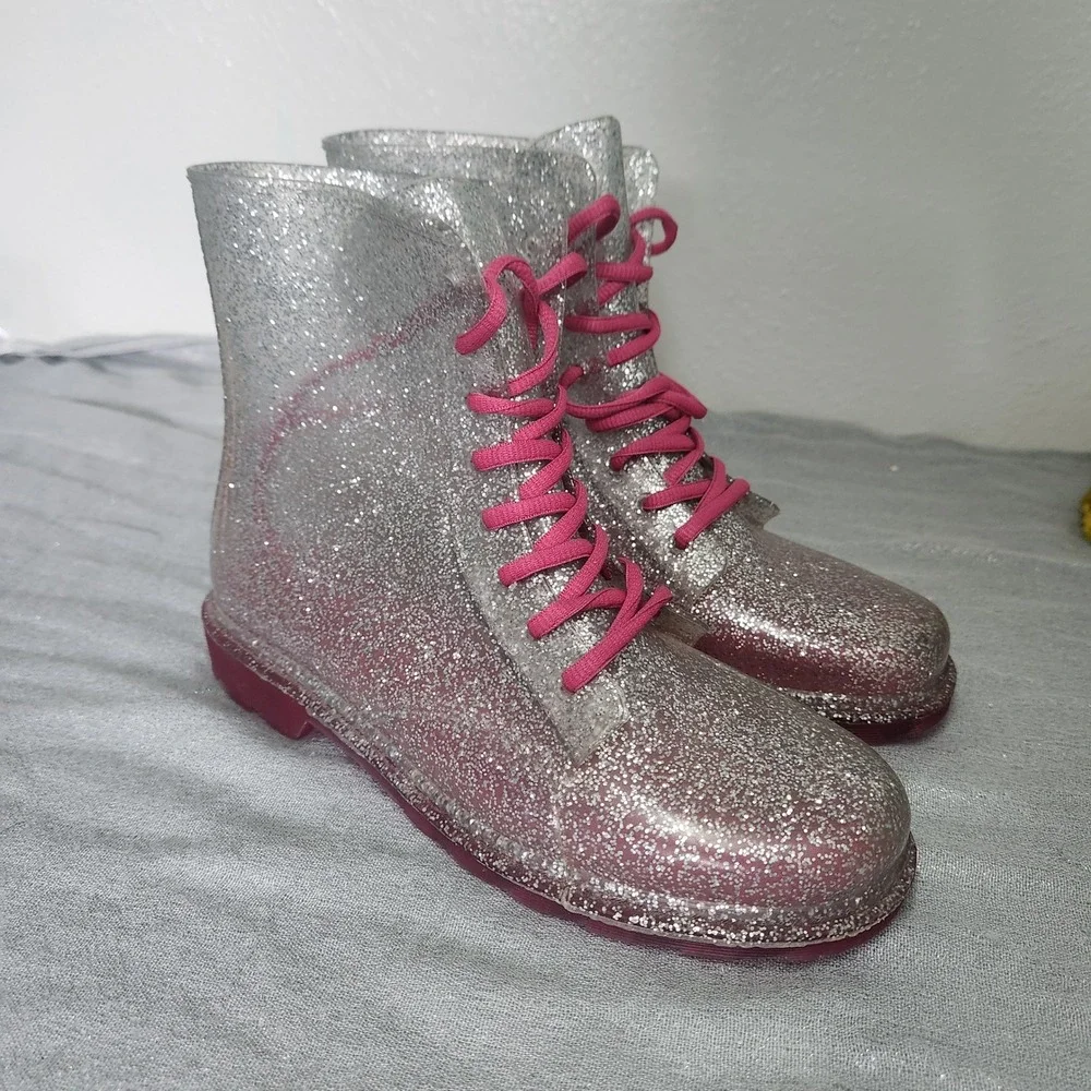 Silver Glitter Jelly Combat Rain Boots Pink Laces Lug Sole Size 5-6